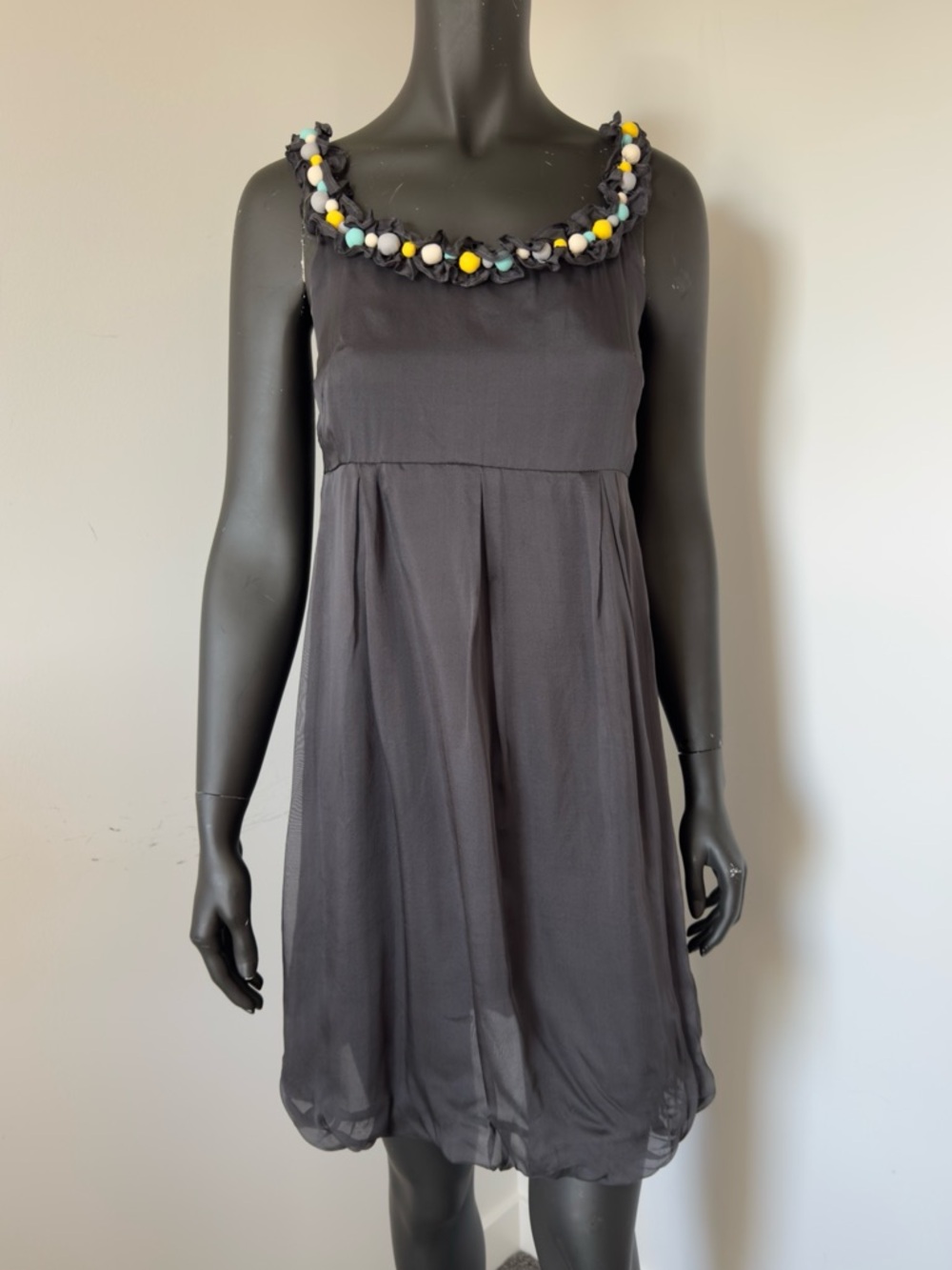 308. Vero Moda 100% Silk Black Mini Dress with Multicolor Bead Trim